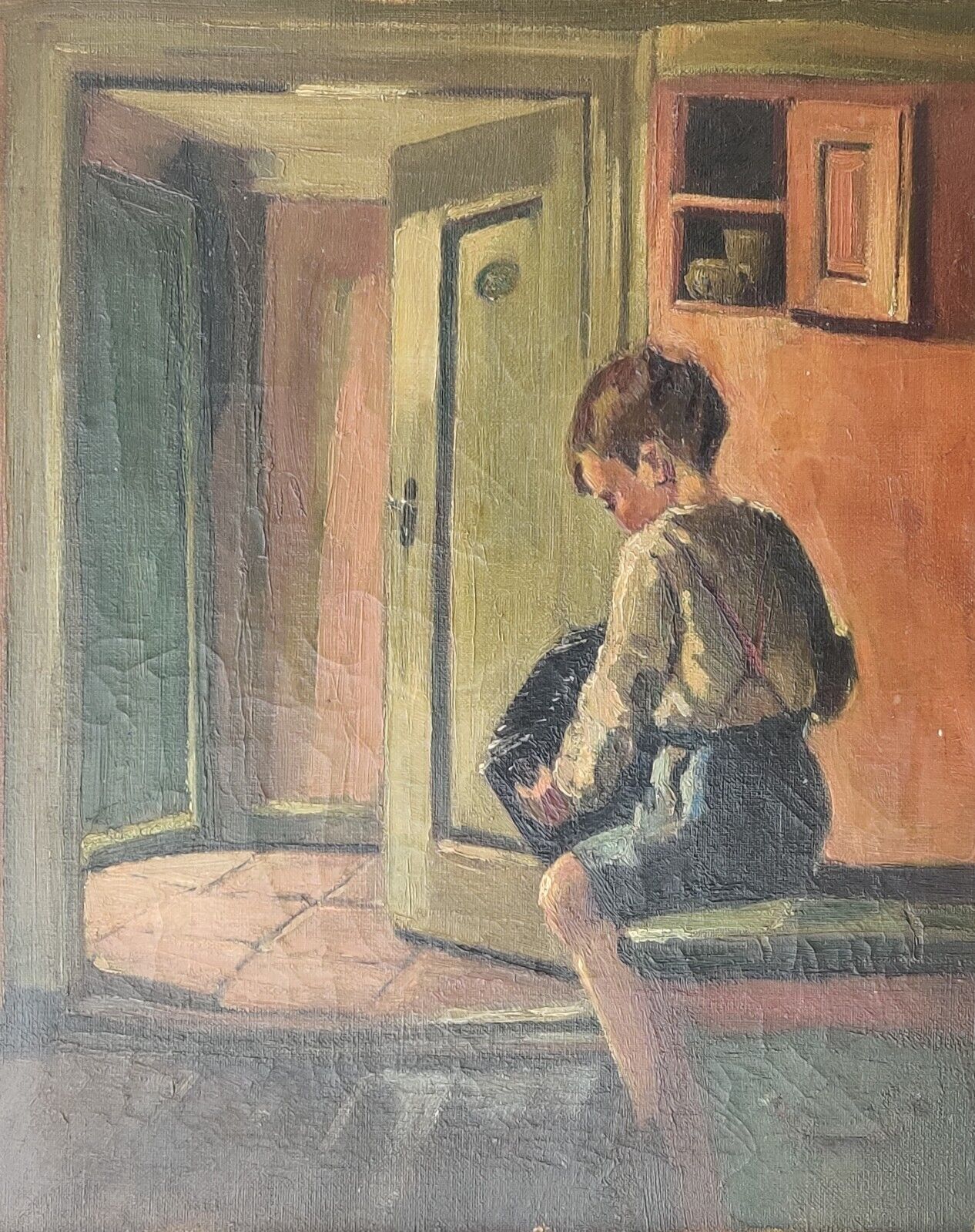 ACCORDION PLAYING BOY original oil painting