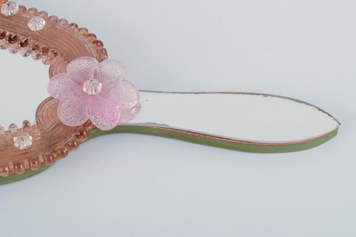 Murano Italy Hand mirror in art glass decorated with pink flowers 1970s