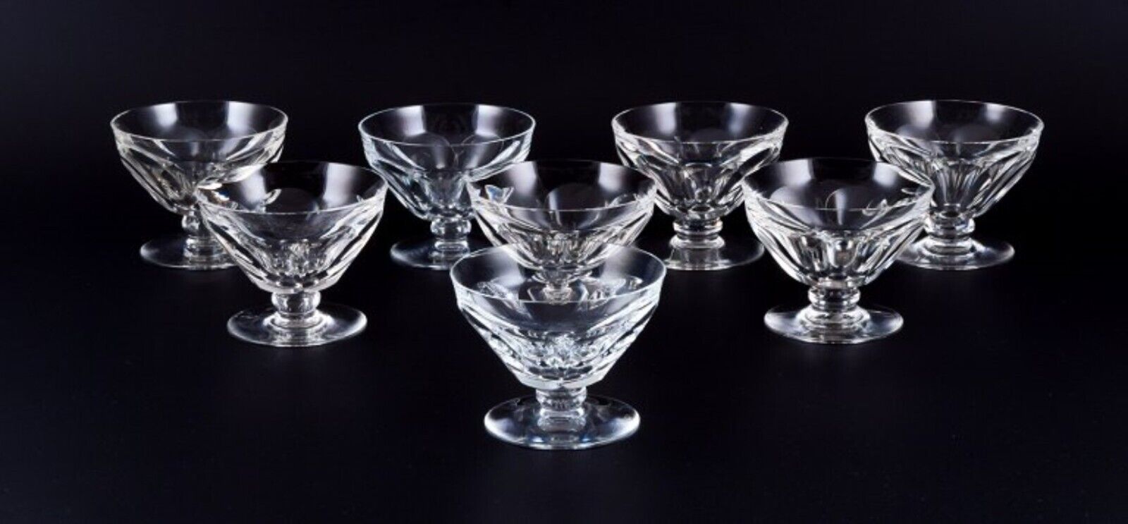 Baccarat France Eight Art Deco champagne coupes in faceted crystal glass