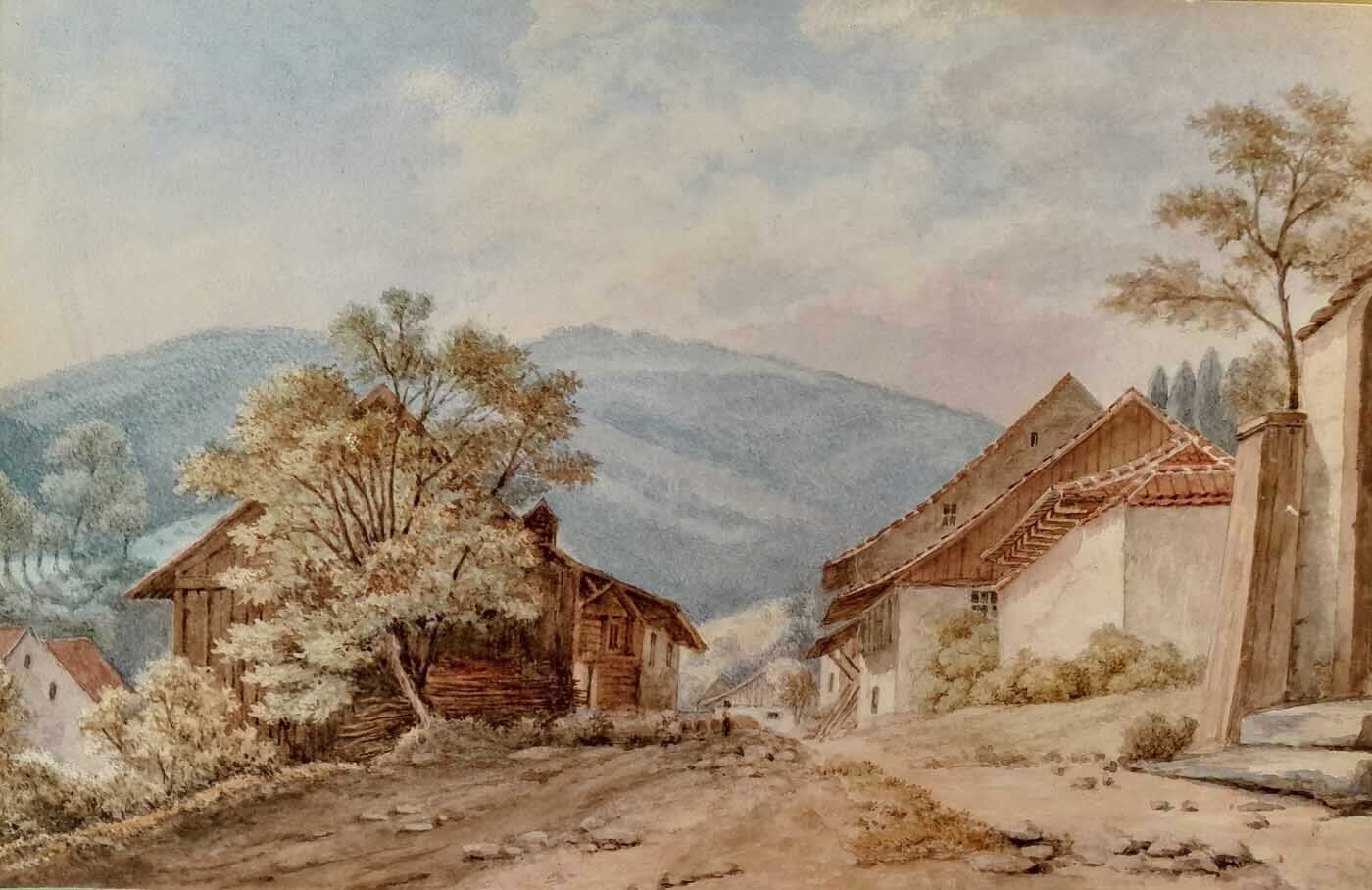 Antique watercolor Mountain village Dedication Christmas 1870 J M Thiele