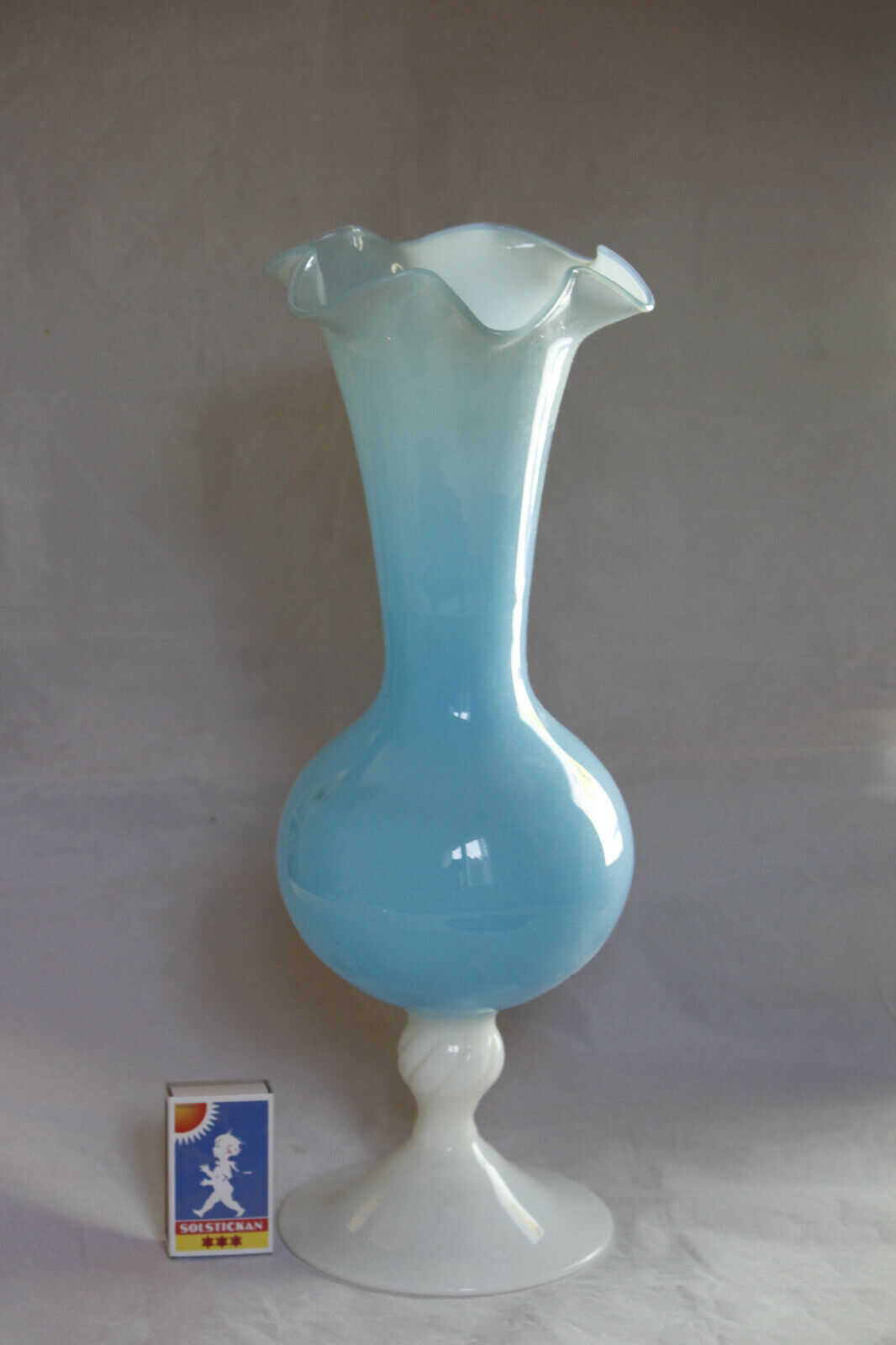 Large Vintage Italian Blue Opaline Vase Scalloped White Base Empoli 35cm 138in