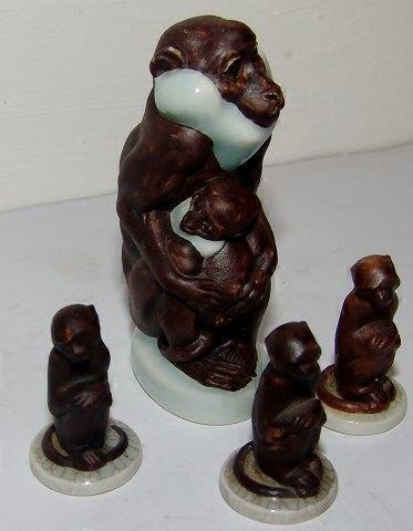 Royal Copenhagen Stoneware Jeanne Grut Monkey and Monkey with Young figurines