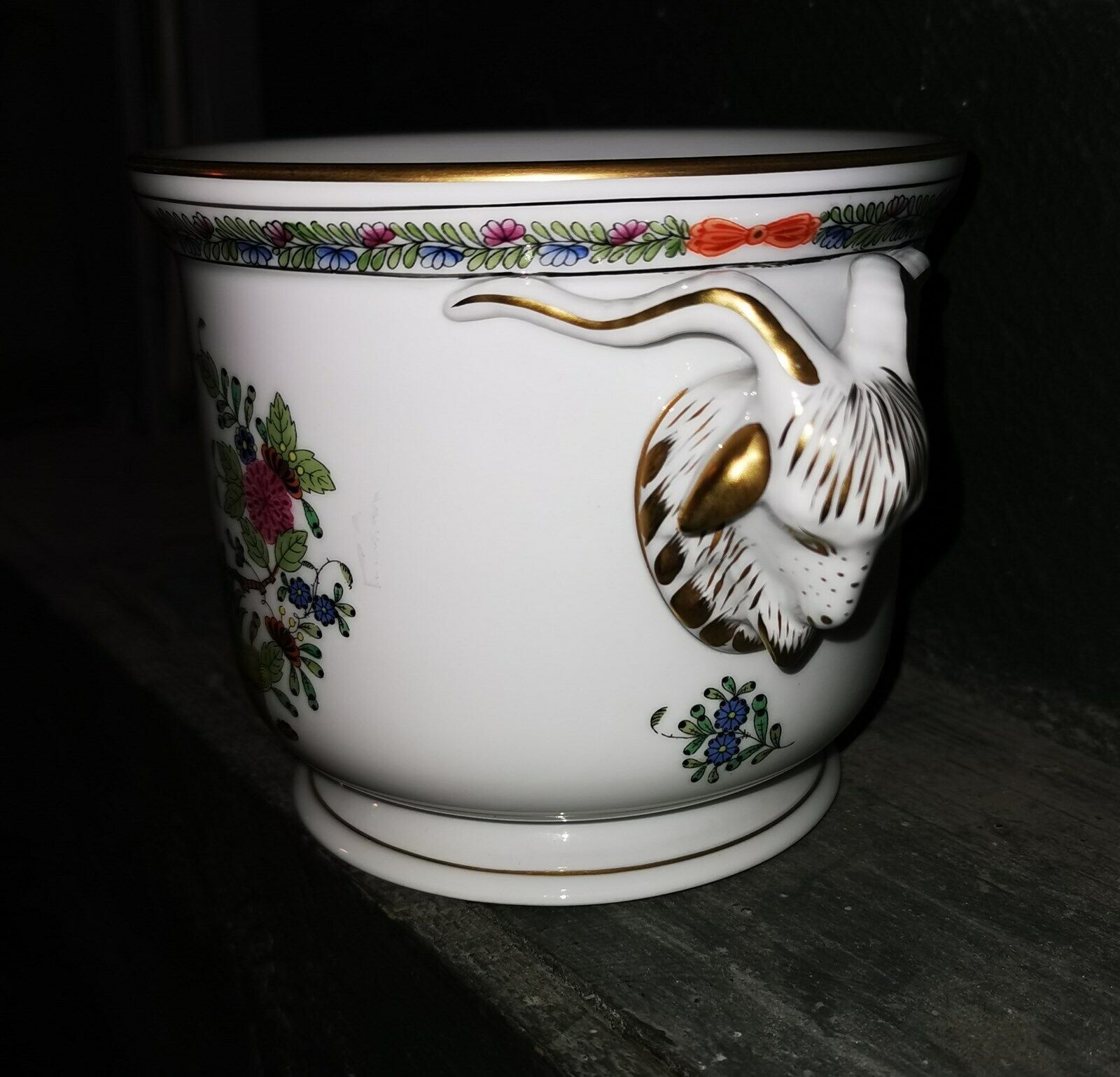 Vintage Herend Flower Pot with Flower and Goat Head´s Decorations from Hungary