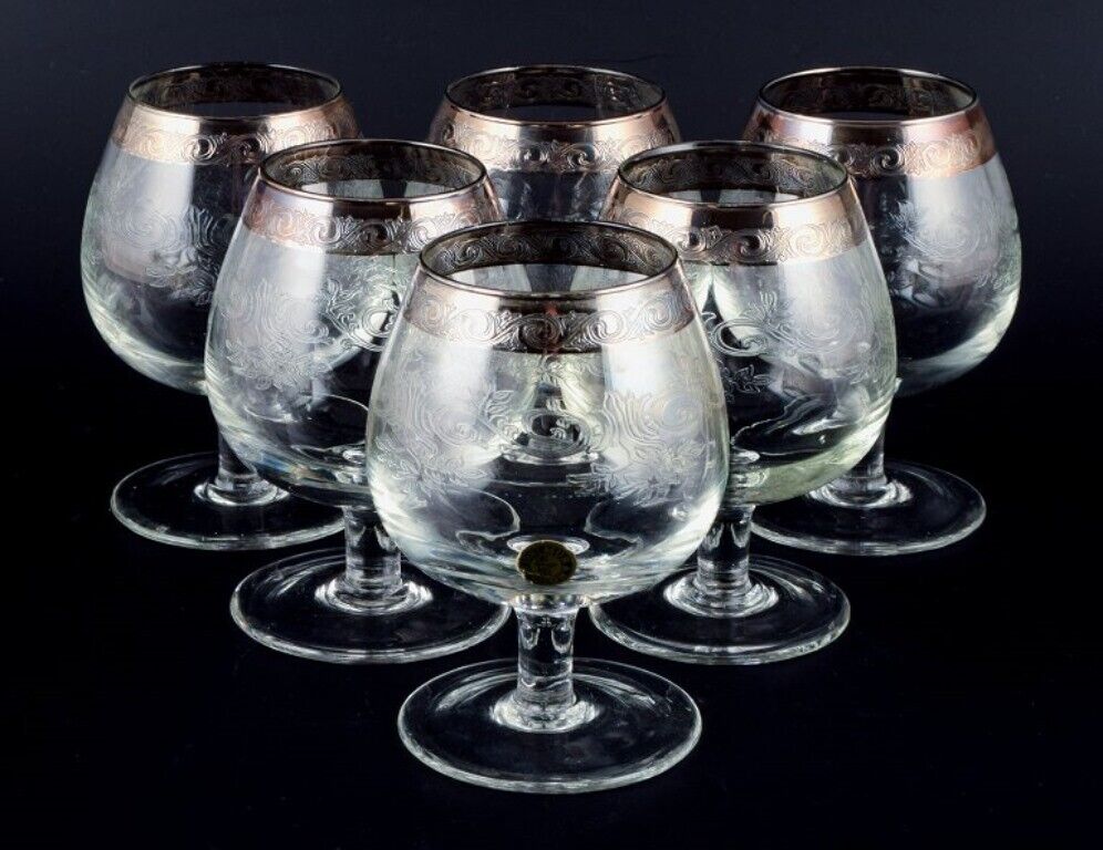 Murano Italy six mouth-blown and engraved brandy glasses with silver rim