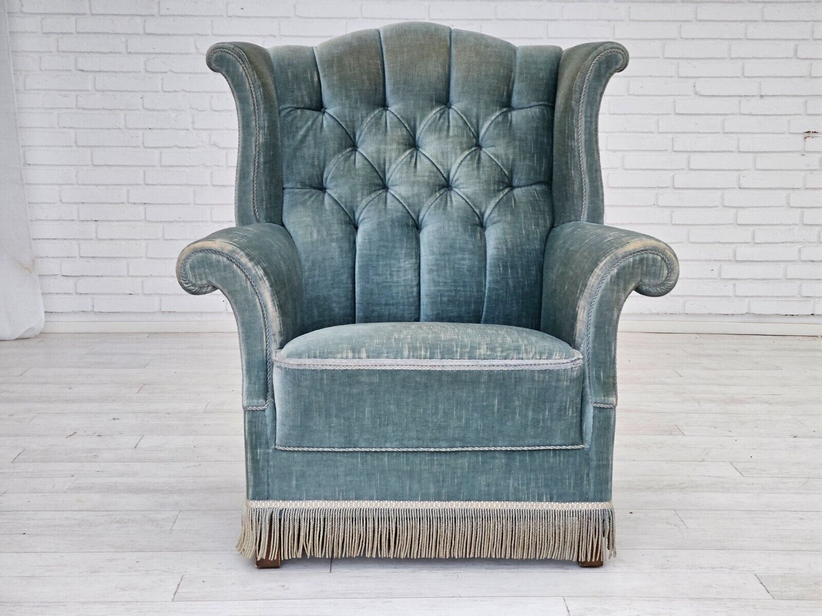 1960s Danish wingback armchair light blue velour original good condition