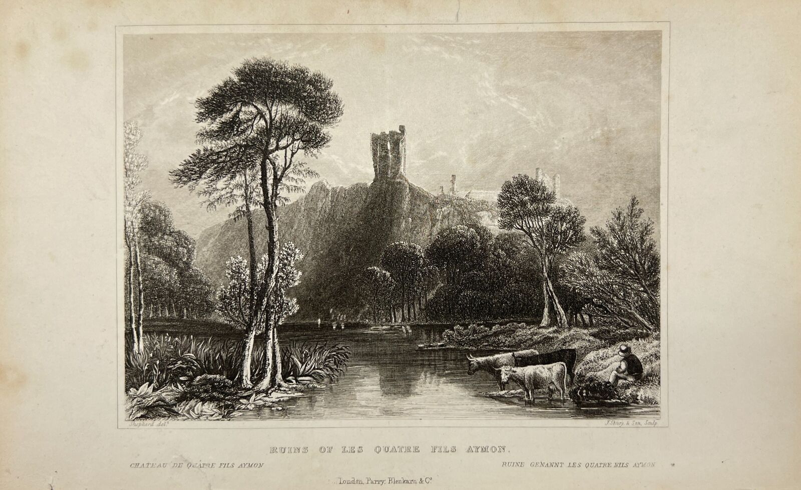 Antique Engraving - Shury  Son - Ruins of The Four Sons Aymon - Belgium - E5