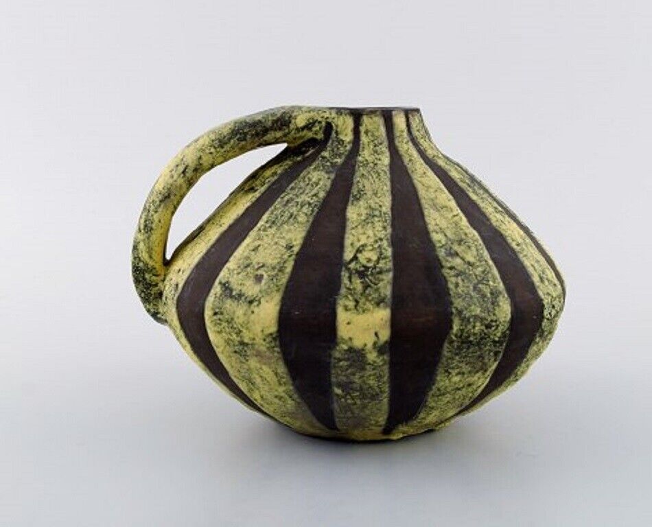 European studio ceramicist Unique retro vase with handle in glazed ceramics