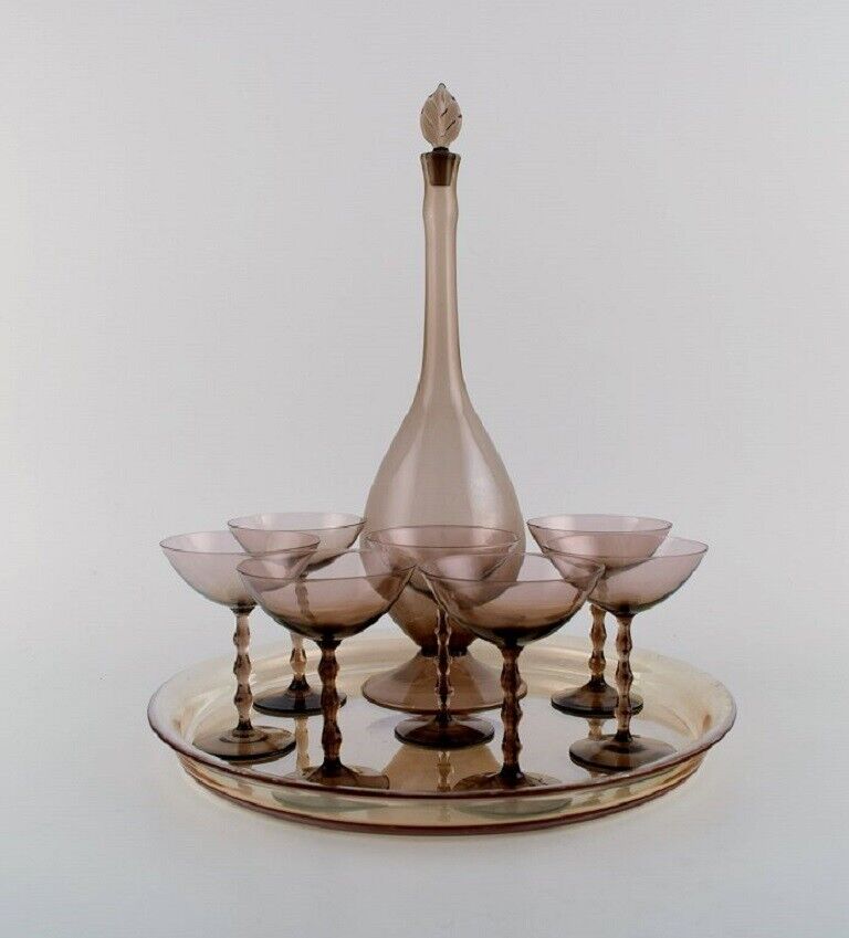 Simon Gate for Orrefors Art Deco liqueur set in smoky mouth-blown art glass