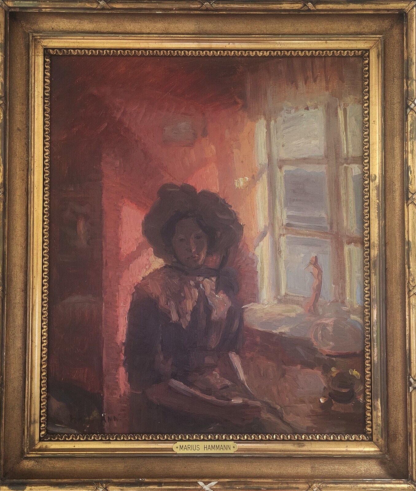 Antique oil painting Marius Hammann(1879-1936):”By the window”(1913)