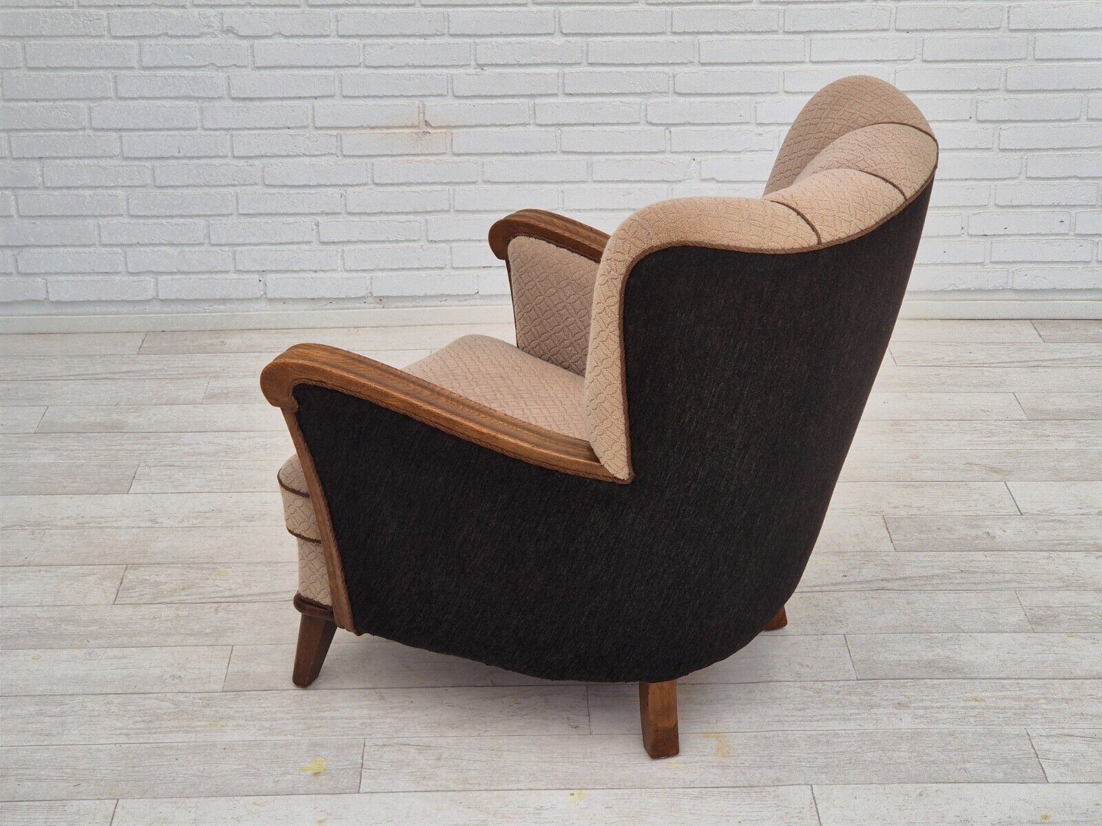 1950s Danish vintage armchair light brown cotton/wool oak wood