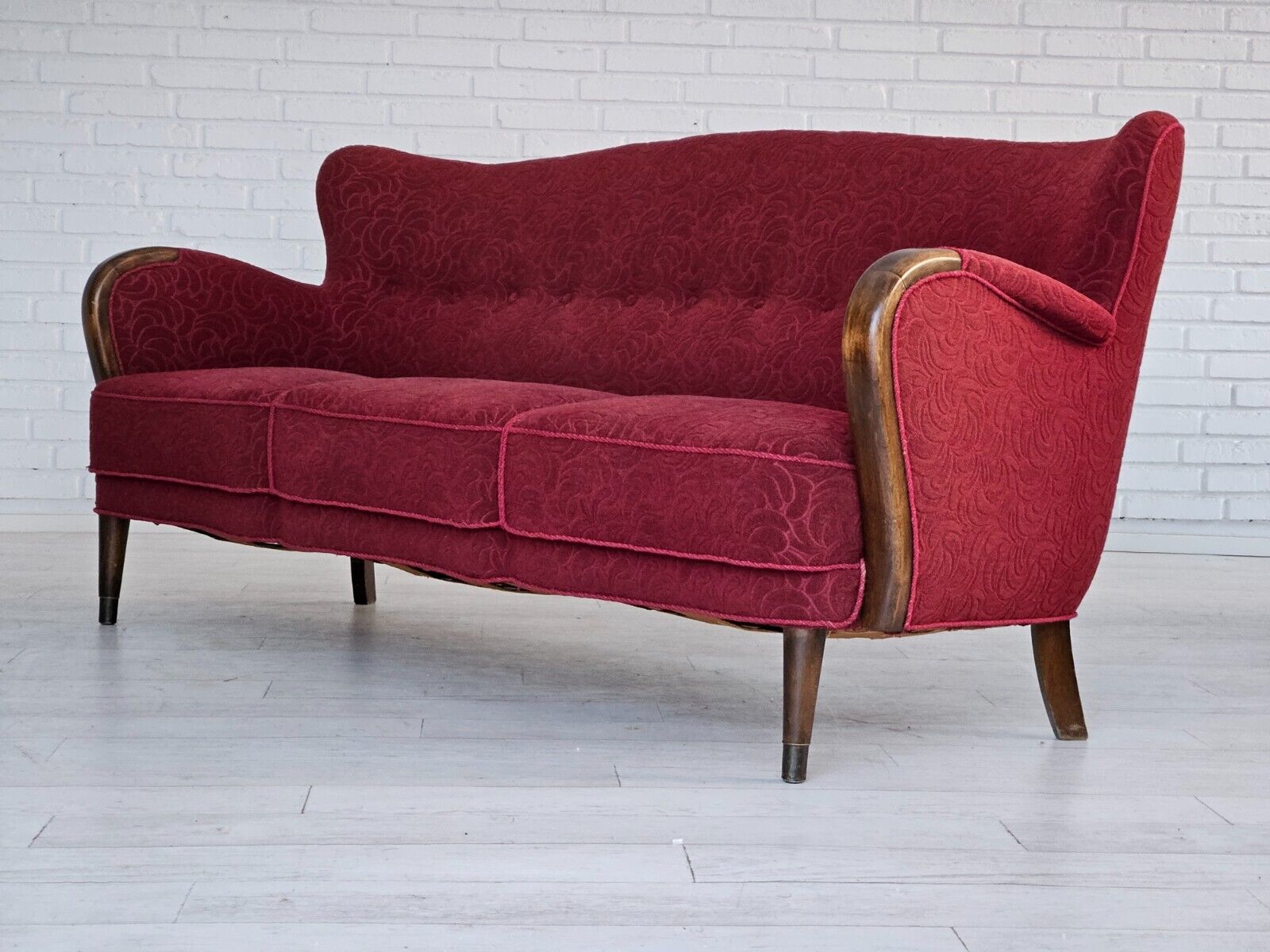 1950-60s Danish 3-seater sofa original condition red cotton/wool beech wood