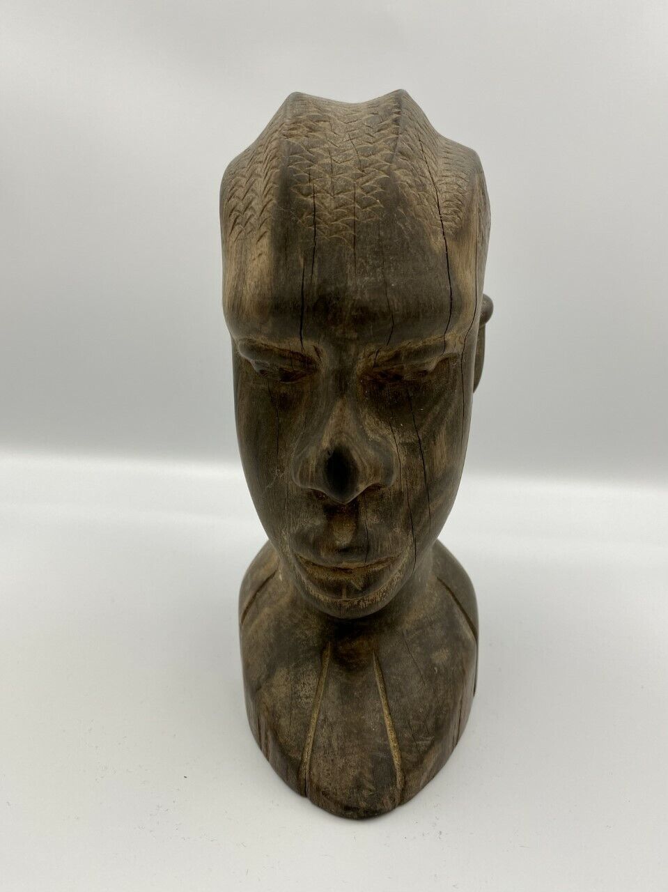 Heavy Antique  & intricate Carved wood African bust 1940s Tanzania signed