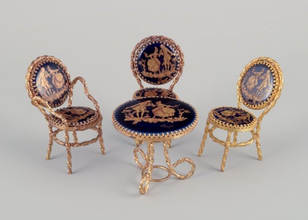 Limoges France Miniature table and chairs made of brass and porcelain