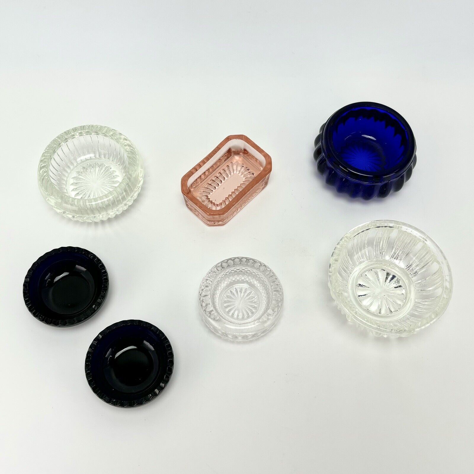 Mix Lot of 7 Antique Danish Pressed Glass Salt Cellar Cobalt Blue Clear Pink