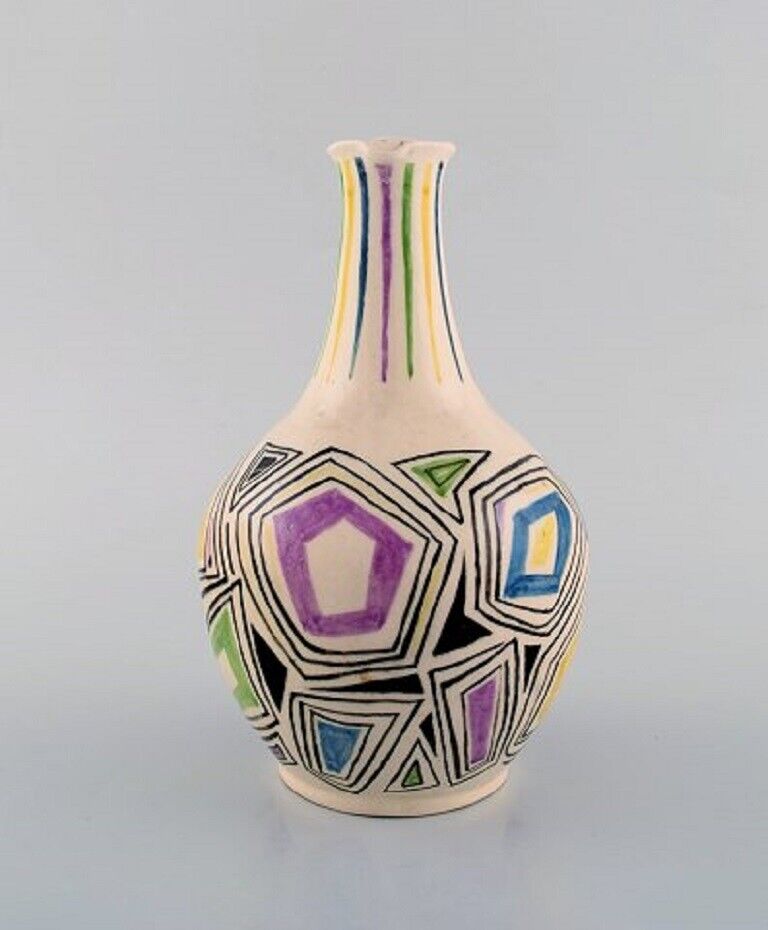 European studio ceramist Unique jug with handle in glazed ceramic Dated 1957