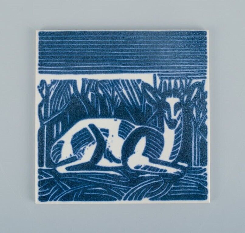 Axel Salto for Royal Copenhagen two rare tiles Motif of reclining deer