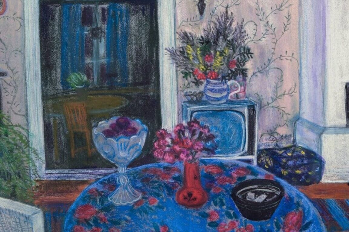 Evy Låås well listed Swedish artist Pastel on paper Living room interior