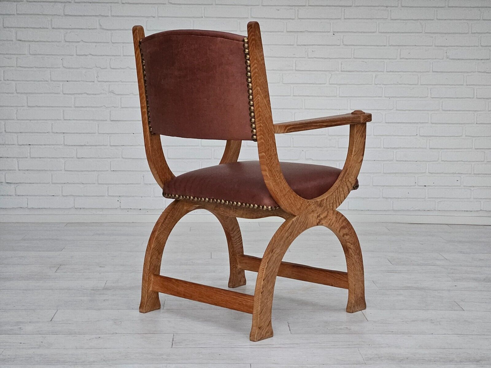 1950s Danish design reupholstered armchair natural brown leather oak wood