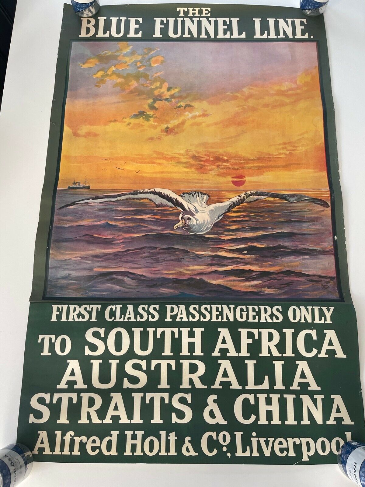 ANTIQUE ORIGINAL TRAVEL POSTER BLUE FUNNEL LINE AUSTRALIA CHINA SOUTHAFRICA HOLT