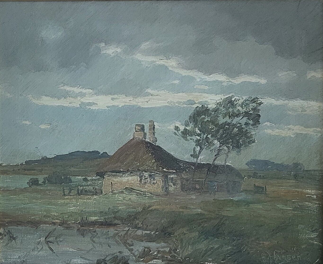 Oil painting E Hansen: ”House in the marshland”