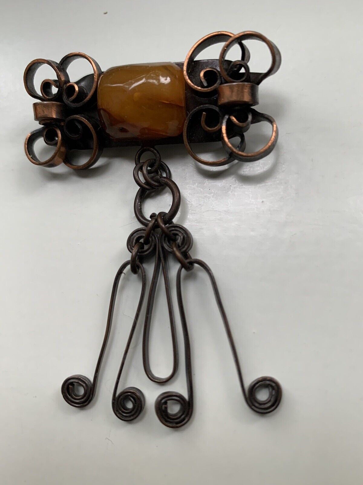 Baltic AMBER Latvian COPPER Vintage Brooch with Suspensions