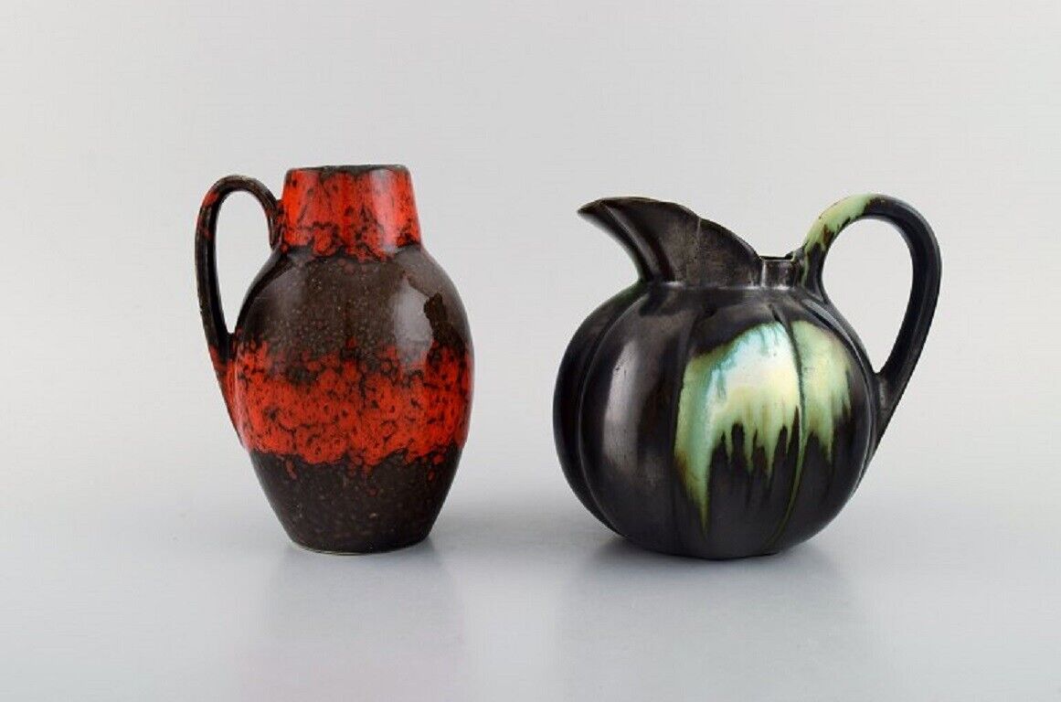 Five retro jugs in glazed ceramics Beautiful glazes and shapes Belgium 1960s