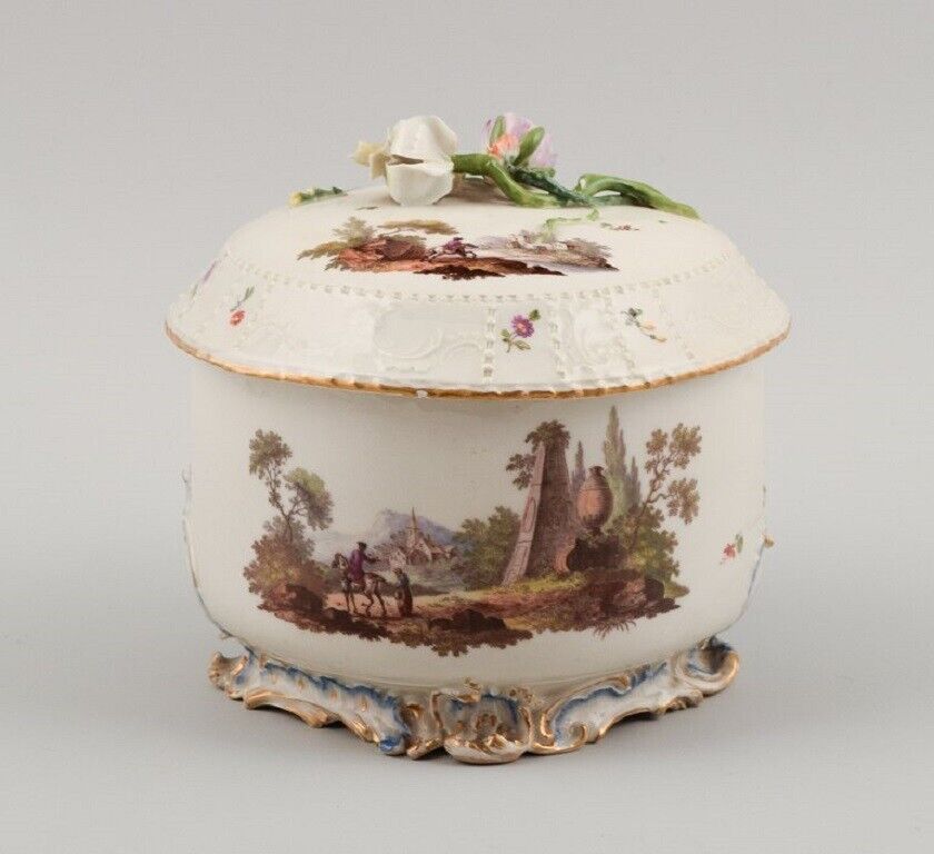 Louisbourg Germany Large sugar bowl hand-painted with landscape  18th C