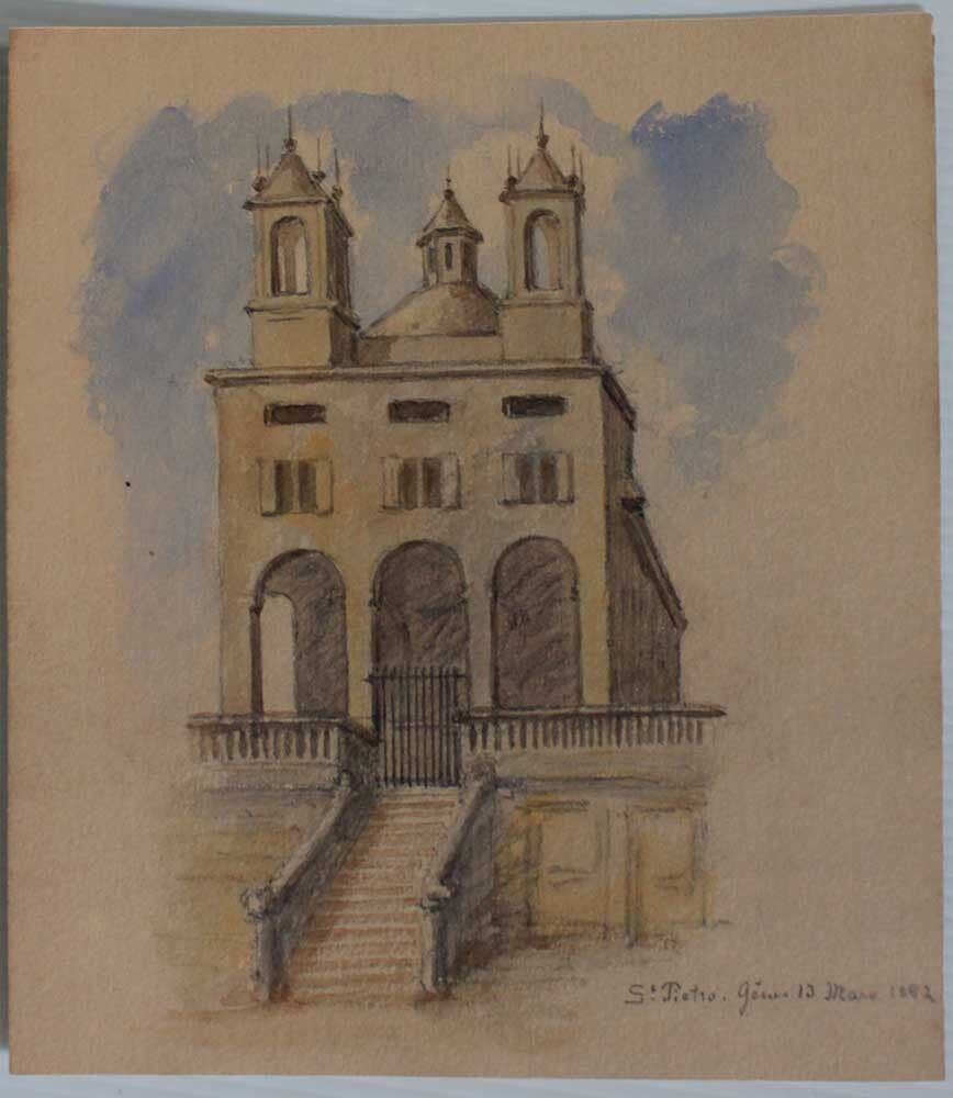 Antique French watercolor Church St Pietro Genoa Italy Dated 1882