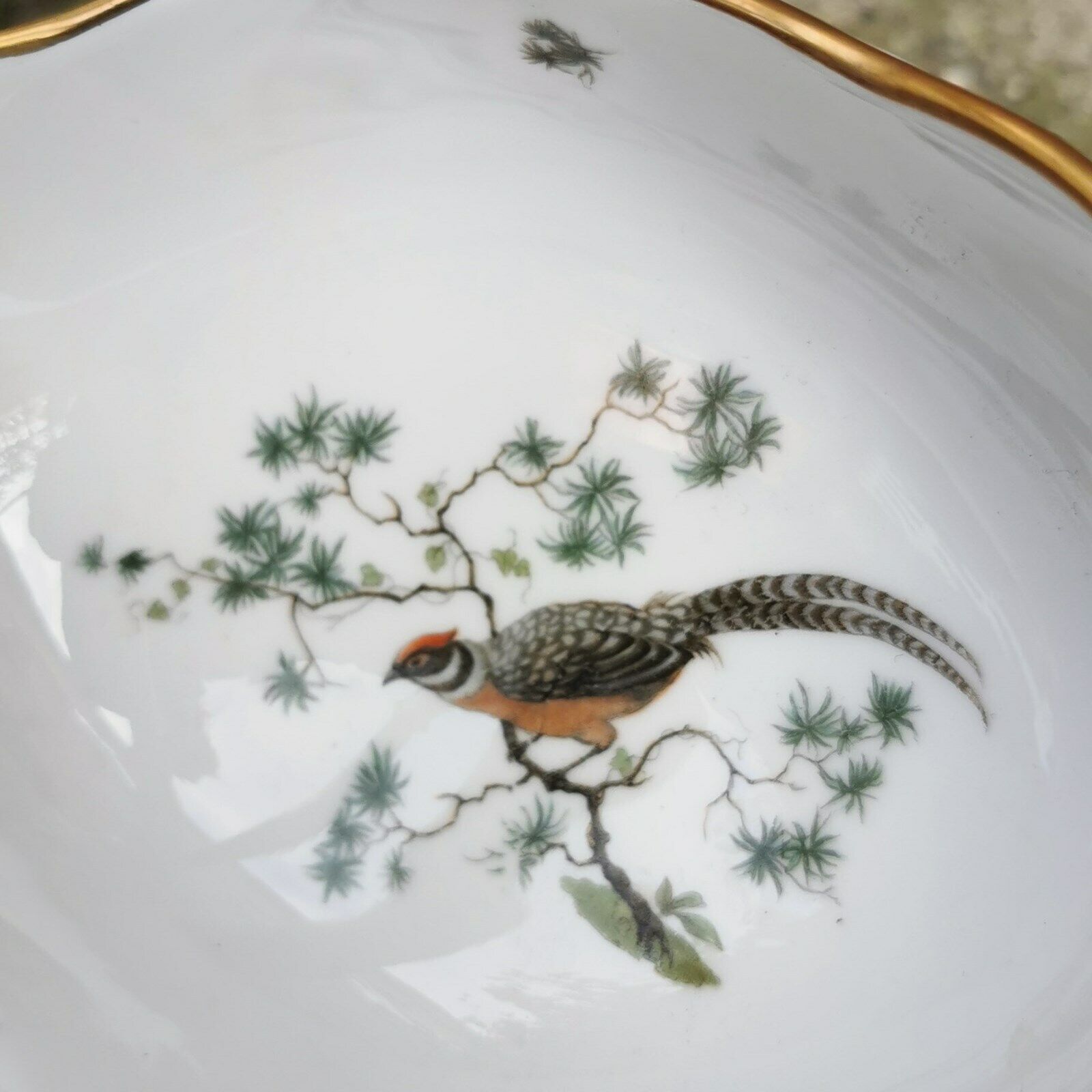 Vintage porcelain basket bowl with handle from Rosenthal with bird decoration