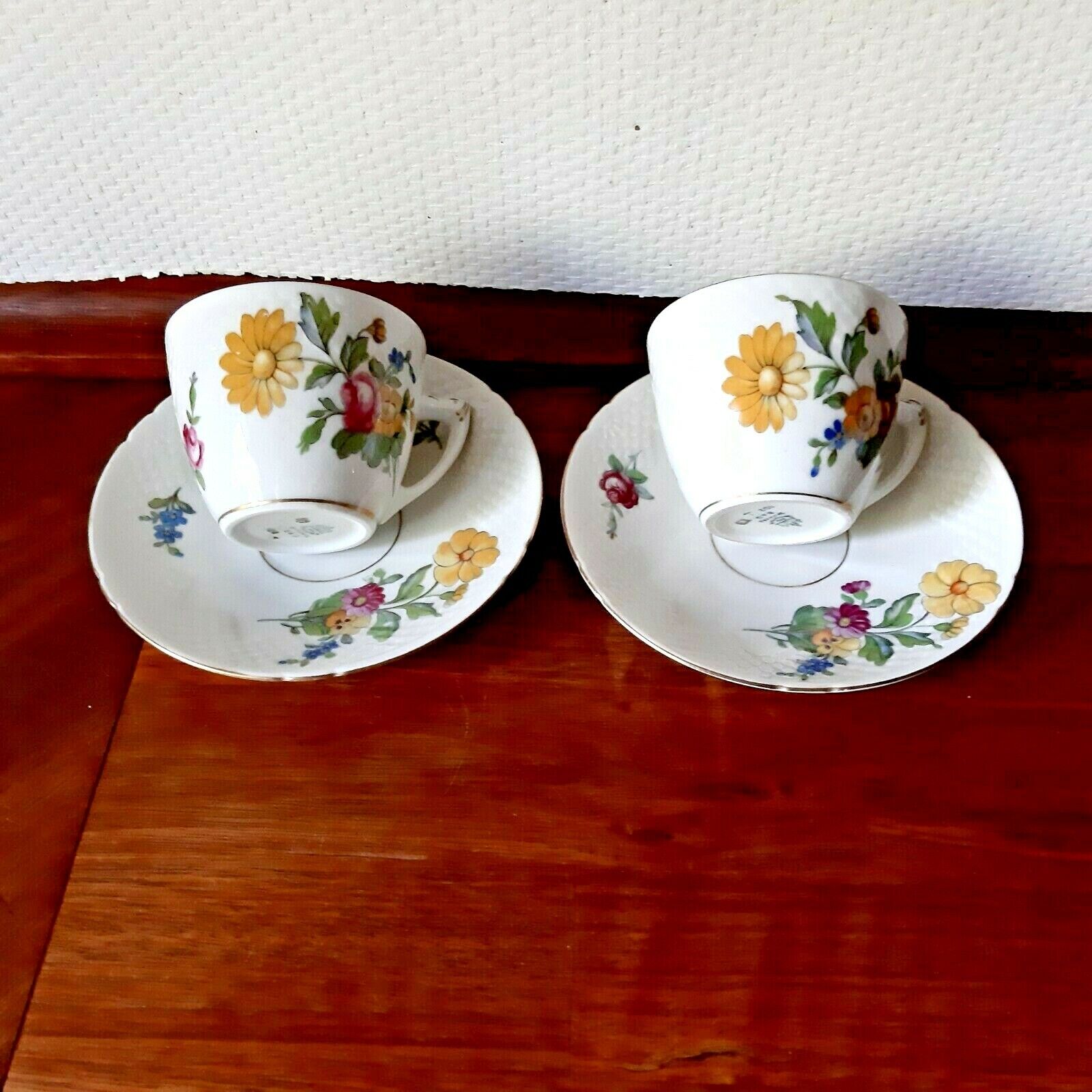 2 Coffee sets # 102 SAXON FLOWER Creme Bing  Grondahl Royal Copenhagen Fact 1