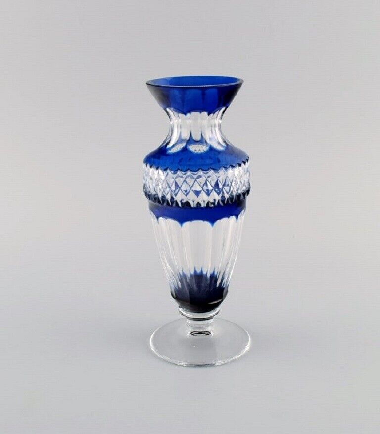 Bohemian glass vase in clear and blue art glass Classic style Mid-20th century