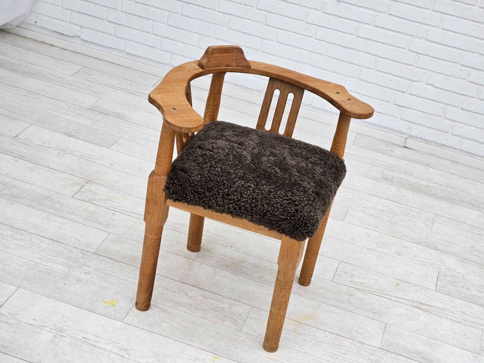 1950s Danish design reupholstered armchair New Zealand sheepskin oak wood