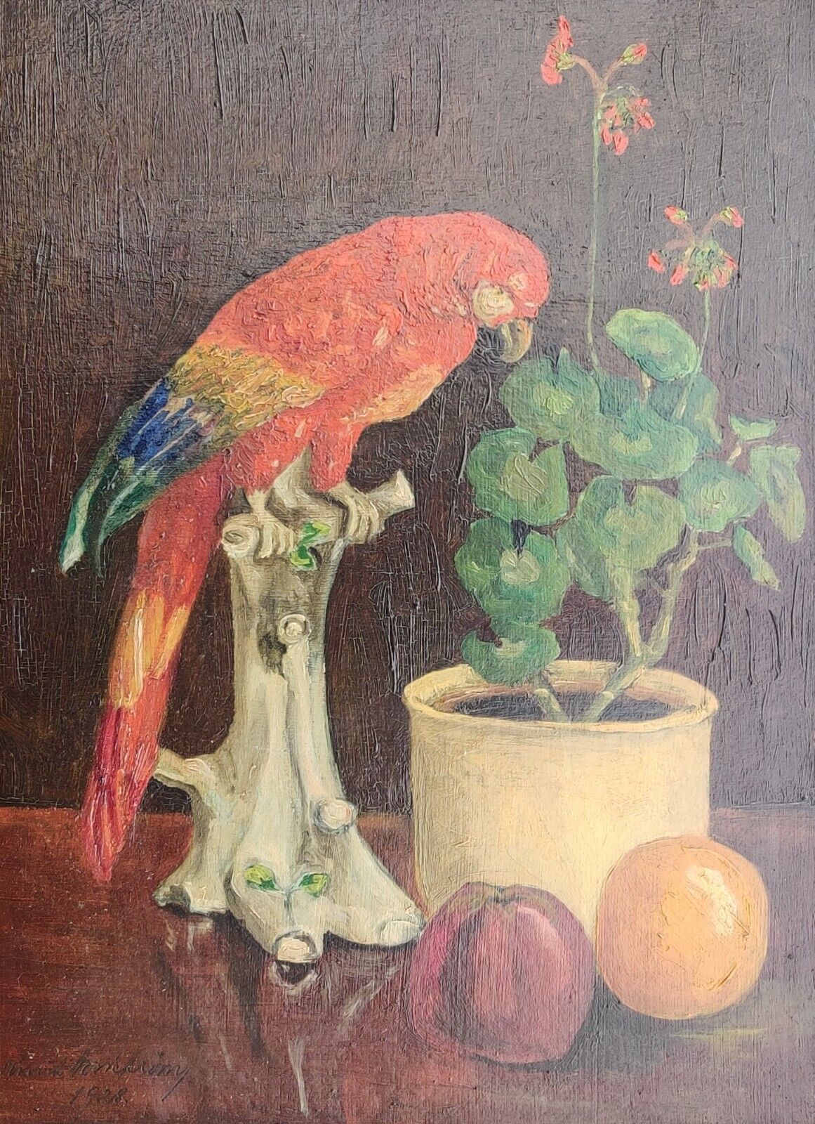 STILL LIFE WITH A PARROT AND GERANIUM POT Original oil painting Dated 1928