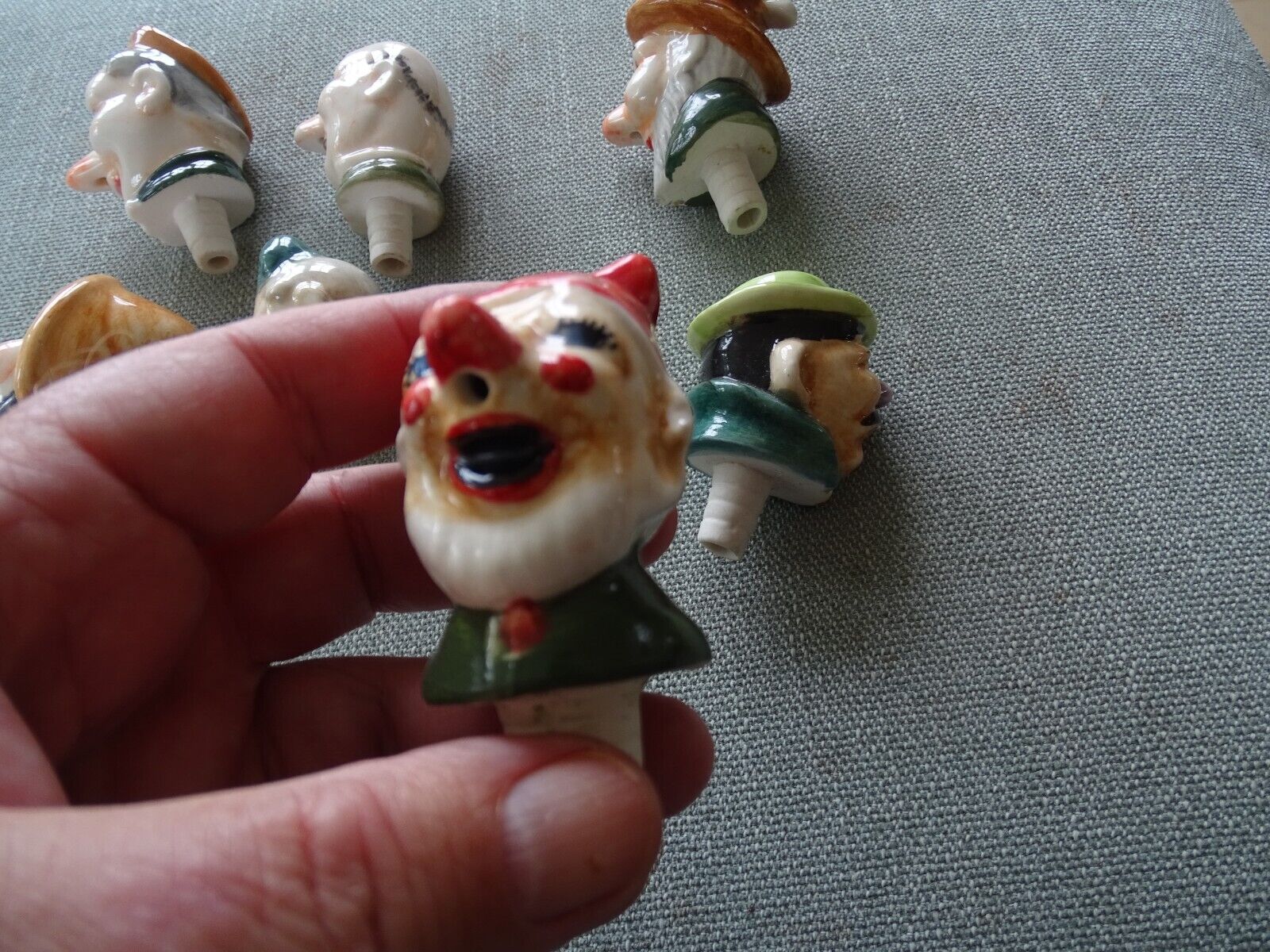 RARE collection of 8 Antique German Porcelain Gnome Pourer Bottle Stoppers