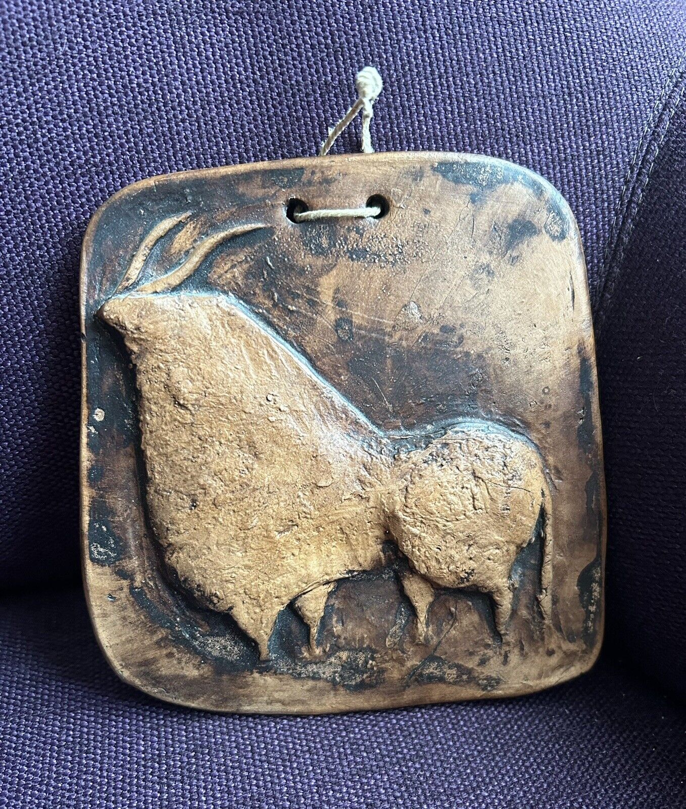 Vintage brown rustic stylized bull ceramic wall plaque 13x12cm Sweden