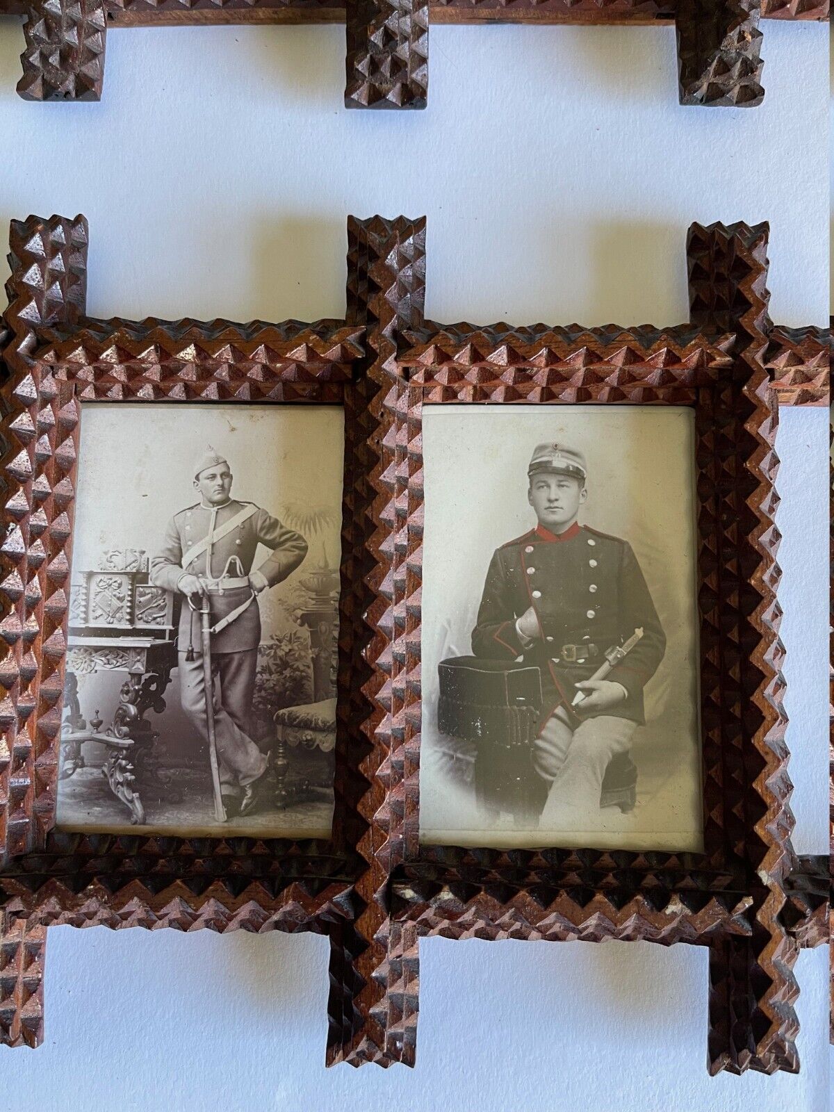 2 X Antique Vintage Tramp Art Folk Art Frame with Army Men