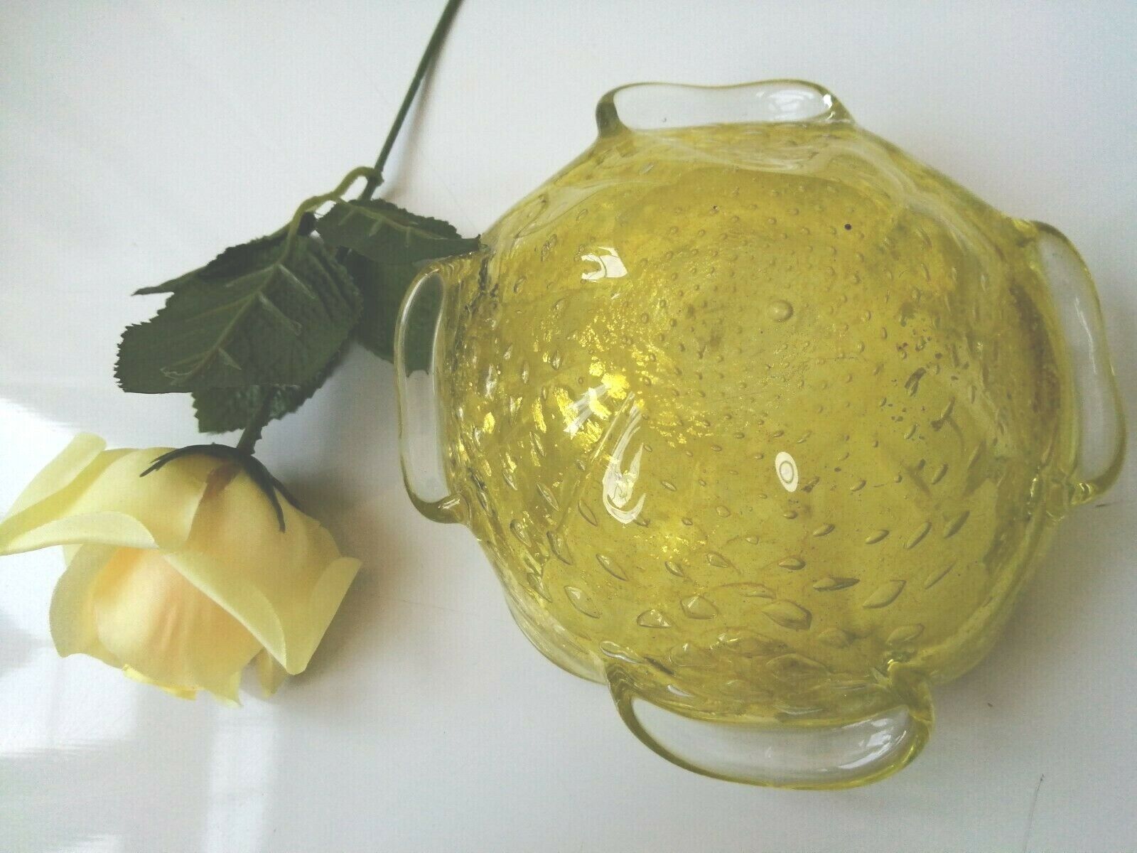 Vintage Murano bright yellow bowl with airbubbles and silver flecks1950's