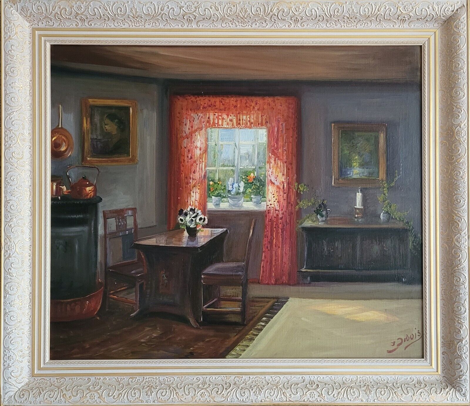 Oil painting Ingeborg DeBois(1897-1970): Living-room interior with red curtains