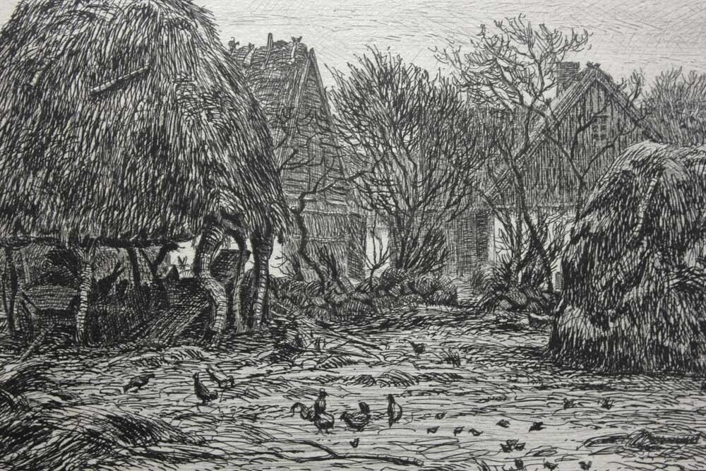 Niels Skovgaard etching Danish farmhouse with chickens Dated January 1883