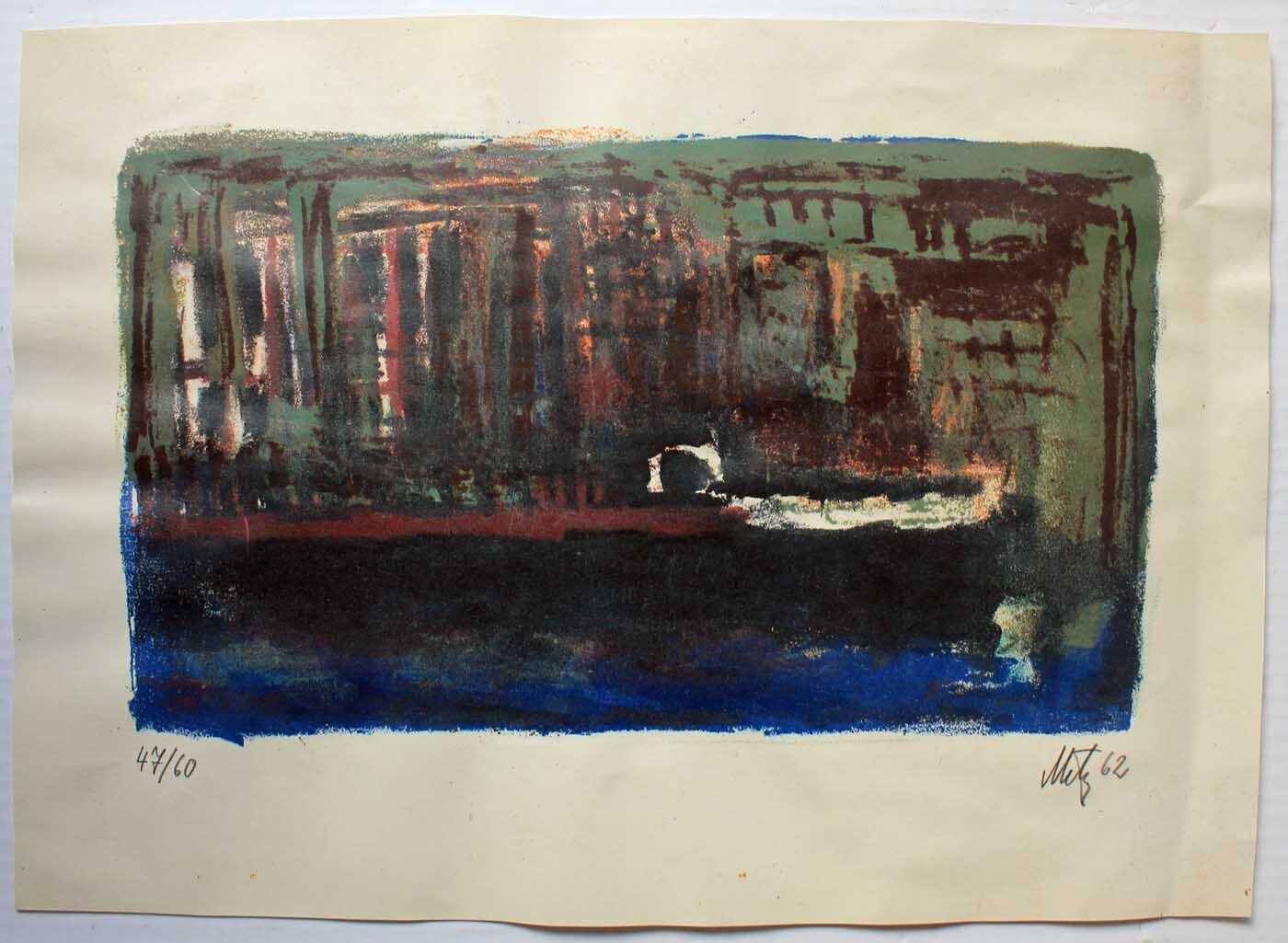 Hans Metz serigraph German artist Composition river boat Berlin 1962