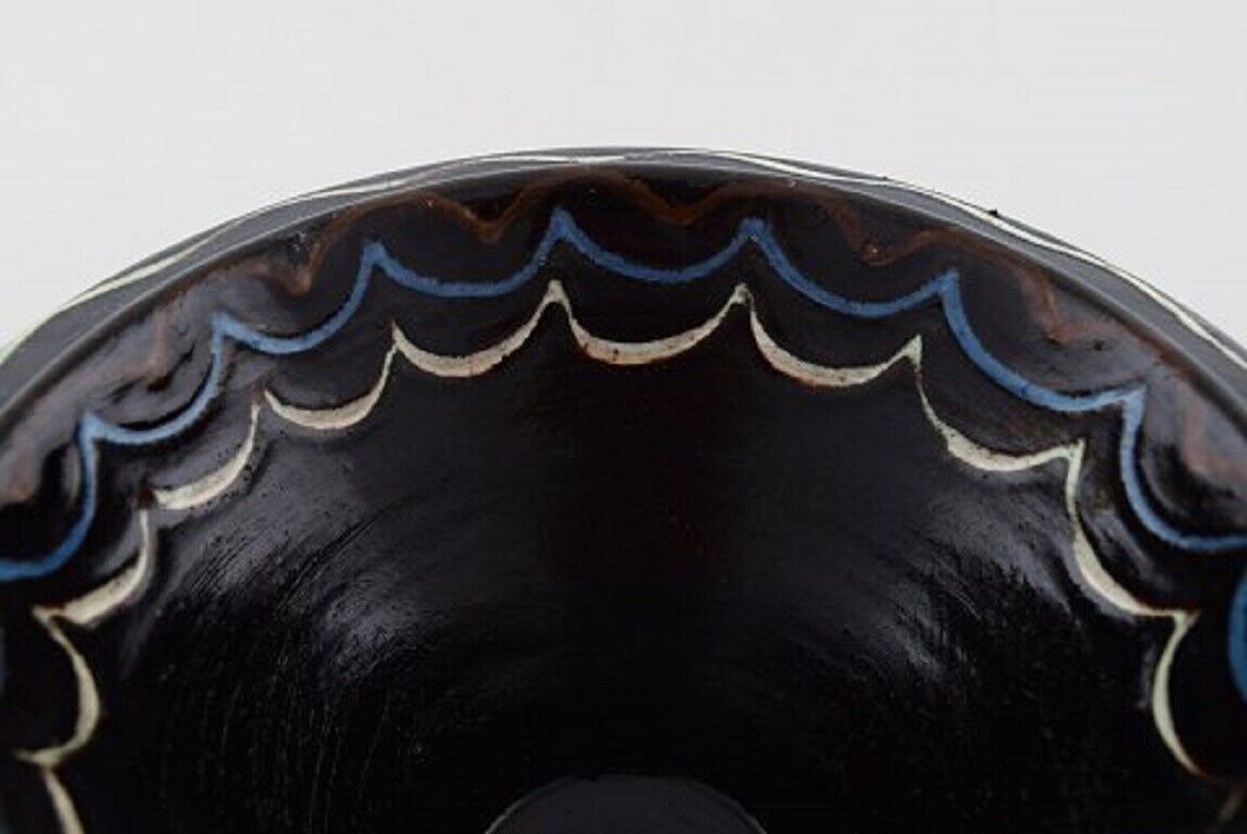 Kähler Denmark Bowl in black glazed ceramics with blue and white waves