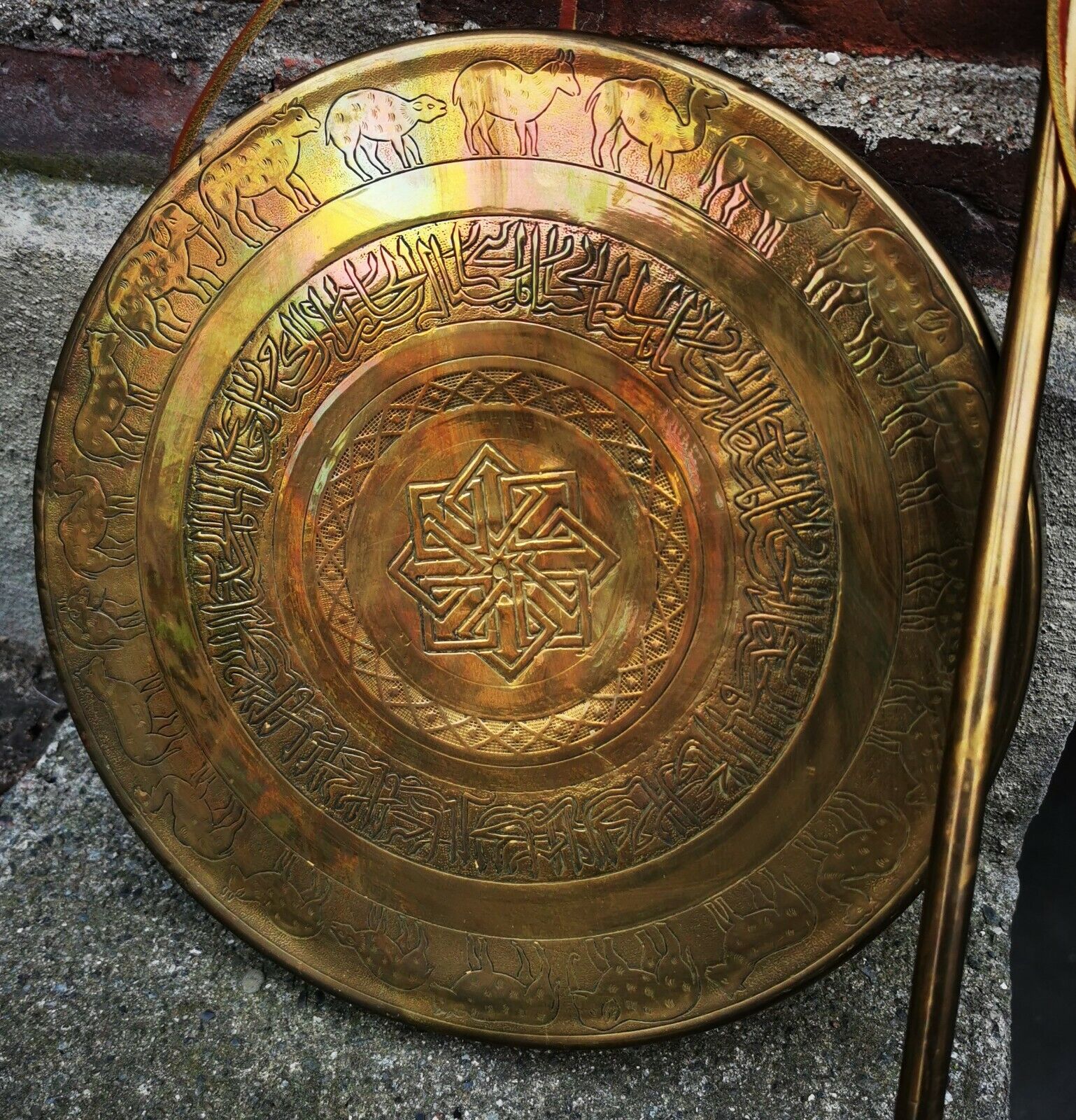 Older Used Decorative Round Handheled Brass Metal Dinner Bell Gong with Hammer