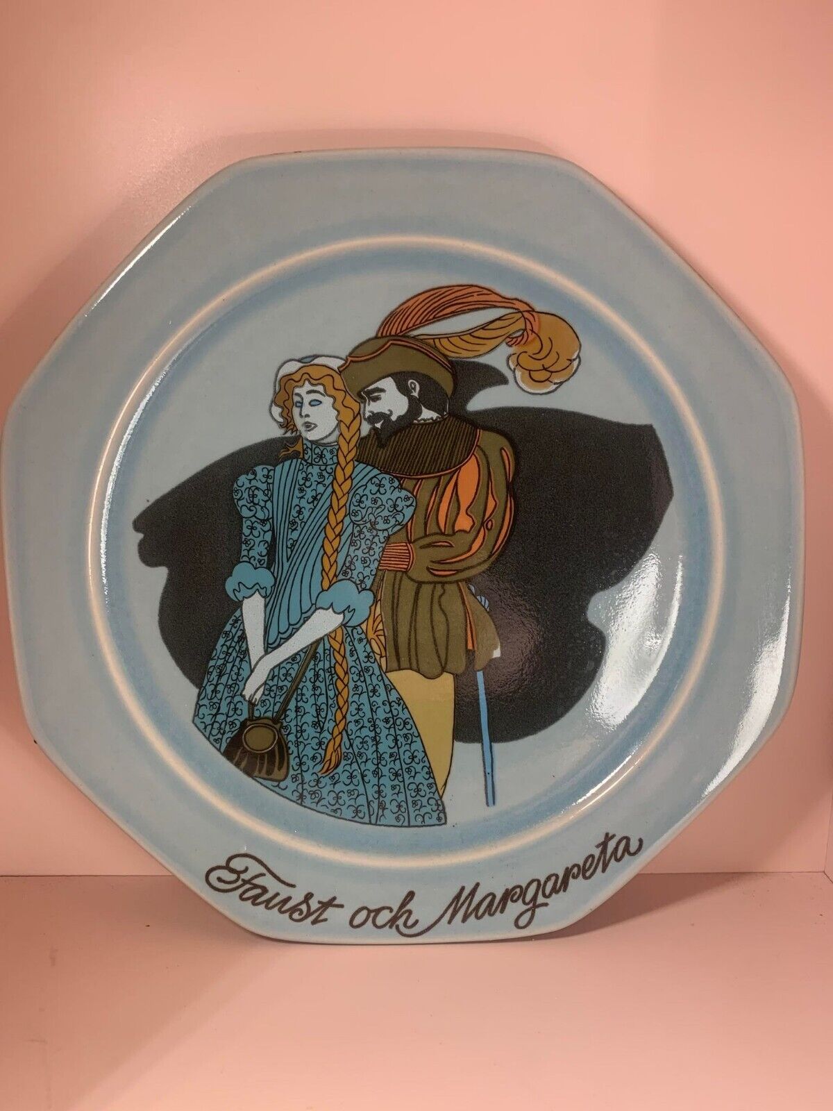 höganäs keramik hanging wall art plate man and woman blue black green orange