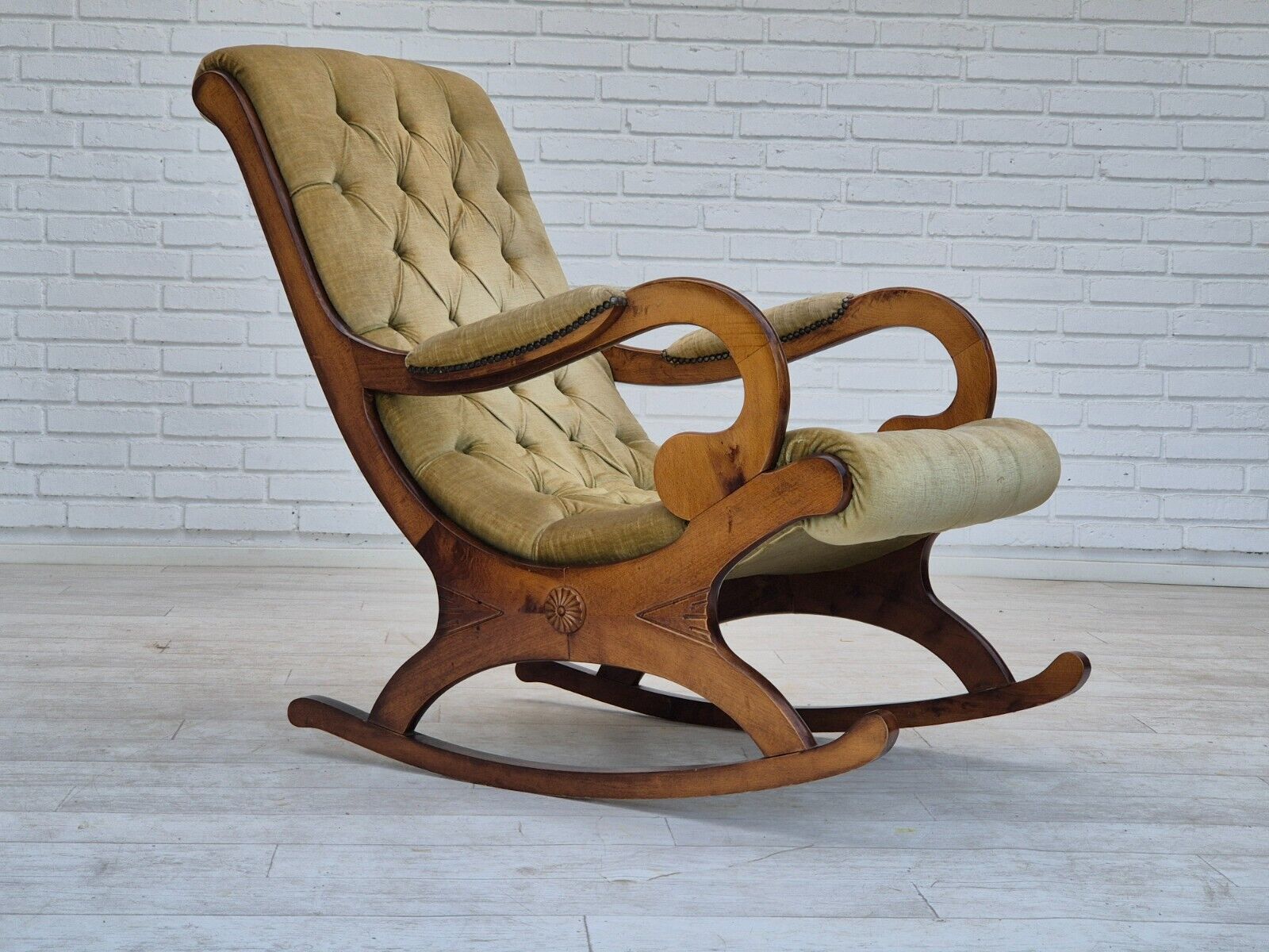 1950s Scandinavian rocking chair vintage green furniture velour