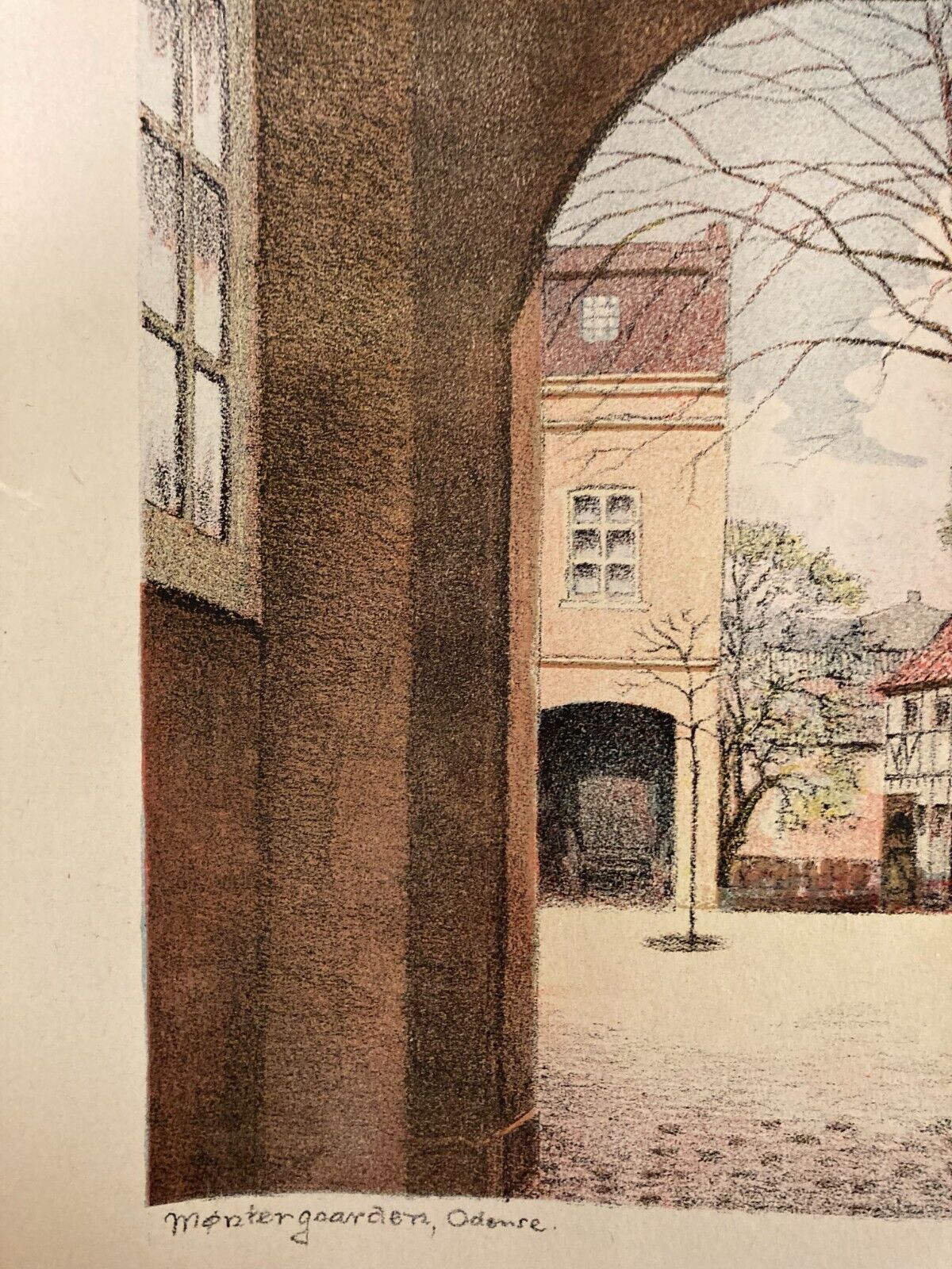 Thorvald Jørgensen (1867-1946) Mønstergaarden Odense Cityscape Etching 36x26 cm