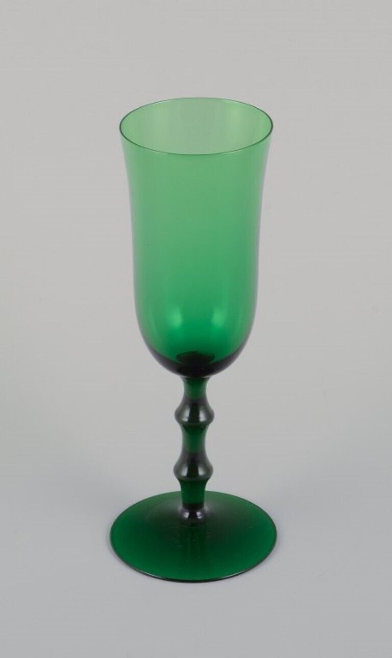 Simon Gate for Orrefors Sweden Four "Salut" champagne glasses in green glass