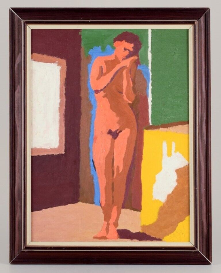 Swedish artist Oil on canvas Nude female model in interior Modernist style