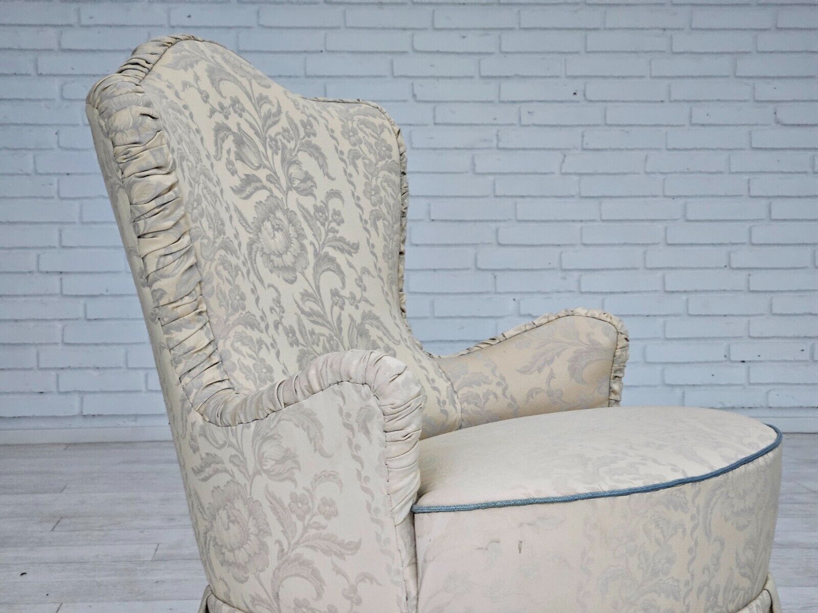 1950s Danish armchair reupholstered creamy/white floral fabric