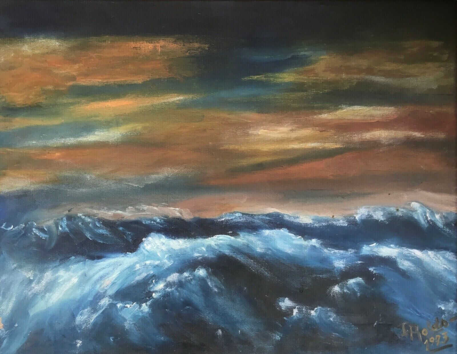 GLOWING BLUE WAVES OF THE OCEAN Original oil painting Dated 1973