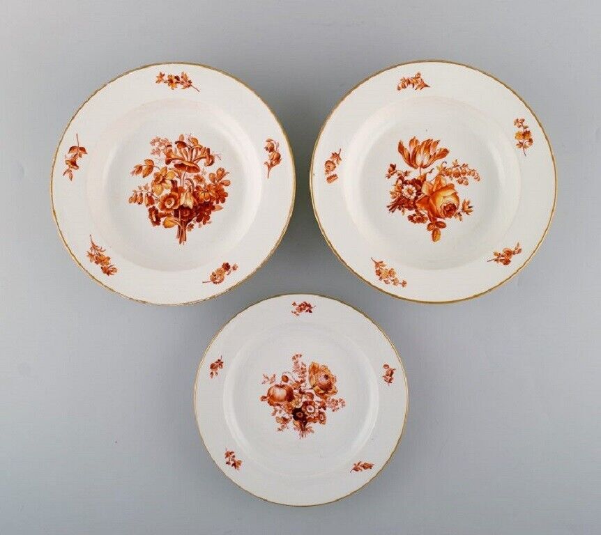 Three antique Meissen porcelain plates with orange hand-painted flowers